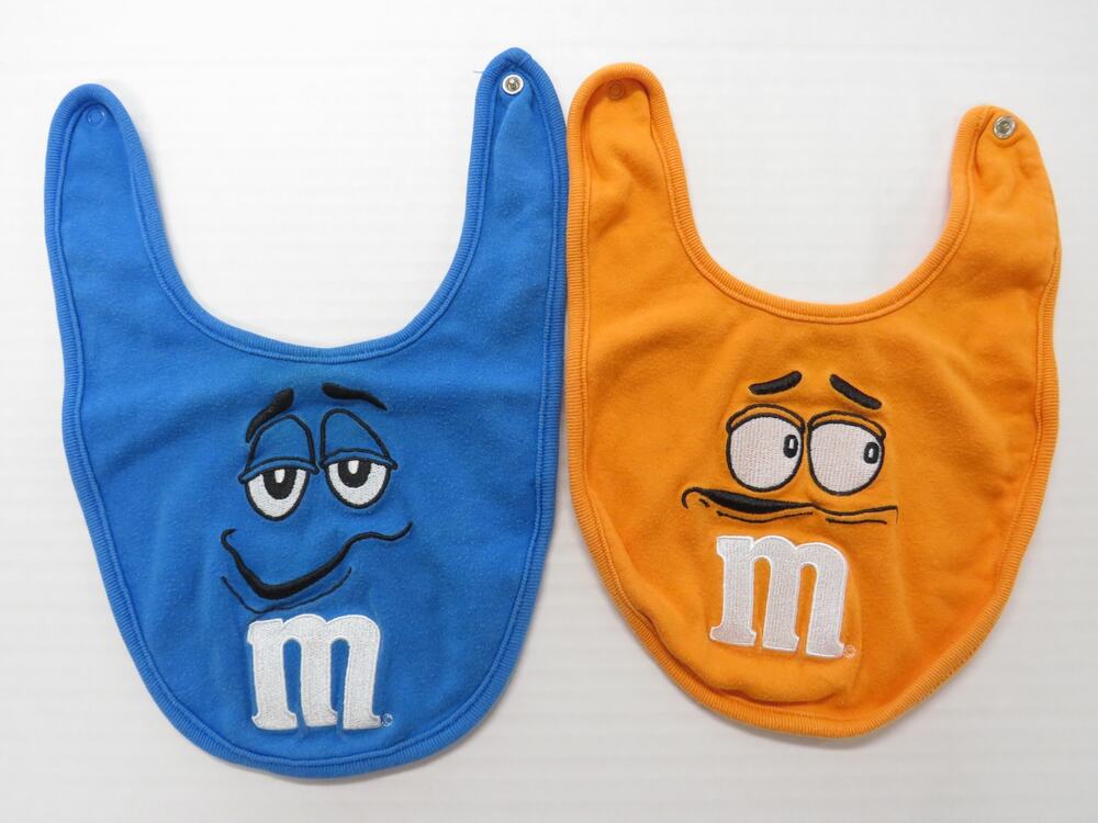 Set of 2 M&M Baby Bibs 100% Cotton Blue Orange Novelty Collectible Chocolate